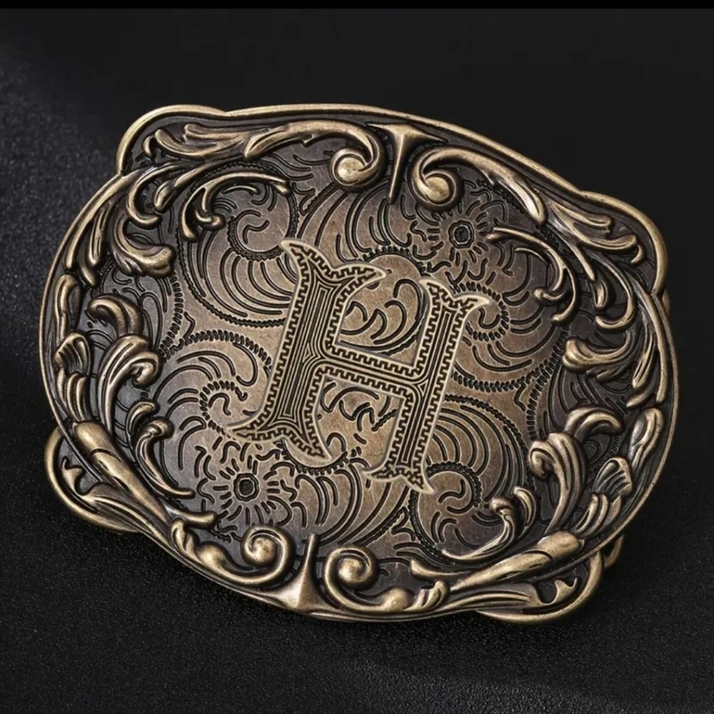Western Initial “H” Belt Buckle – Monogram Floral Scroll – Cowboy Cowgirl